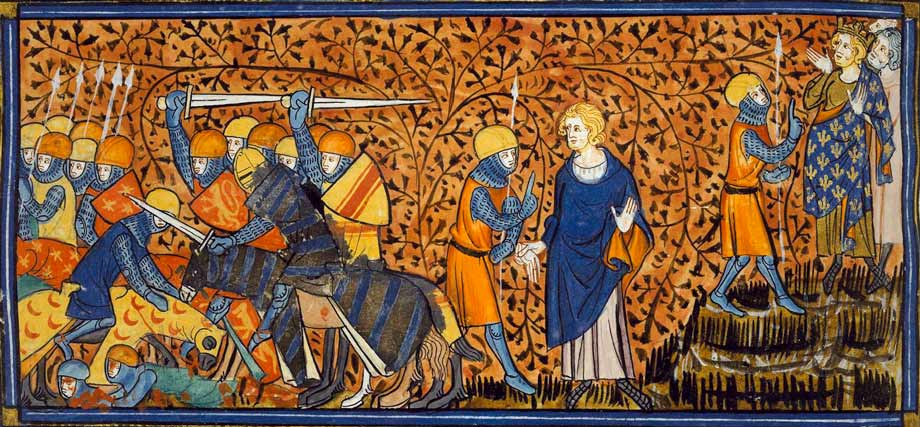 Duke William the Bastard defeating the French, and Duke William sending a herald to Henry I of France. (British Library, Royal 16 G VI f. 266v)